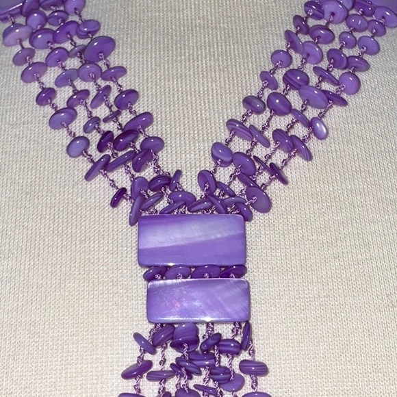 Artisan Made Y Style Multi Strand Dyed Purple Shell Necklace Toggle Close - Picture 3 of 13